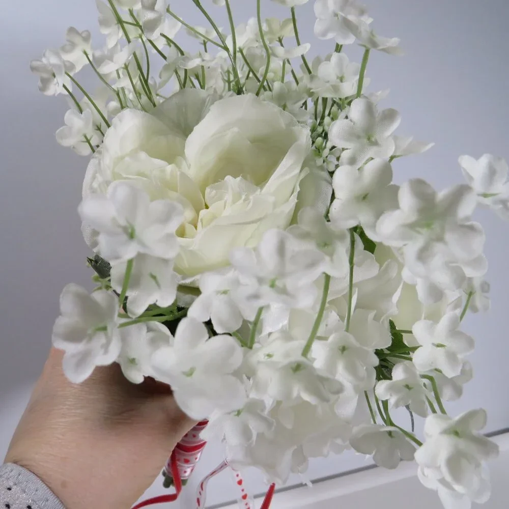 White Cabbage Roses & Verbena Hand held bouquet with heart ribbons Valentines